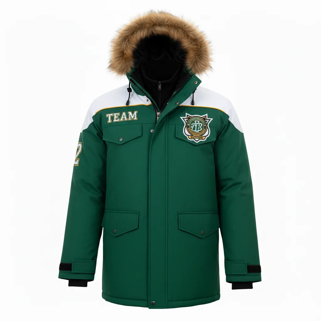 Custom Ice Hockey Parka Winter Jacket - Black, Gold - Forest - Front View - HAMCO Sports Inc.