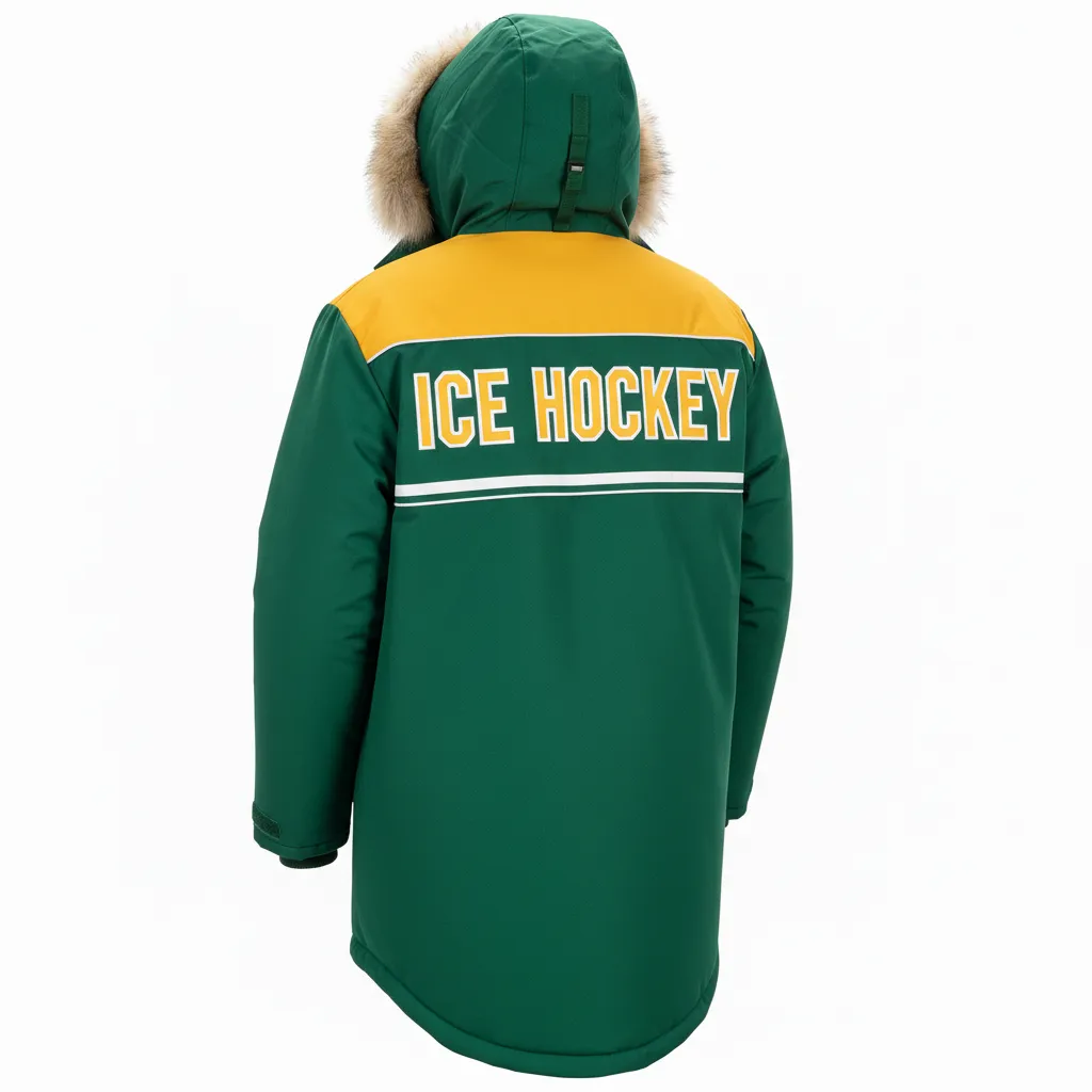 Custom Ice Hockey Parka Winter Jacket - Gold, White - Forest - Back View - HAMCO Sports Inc.