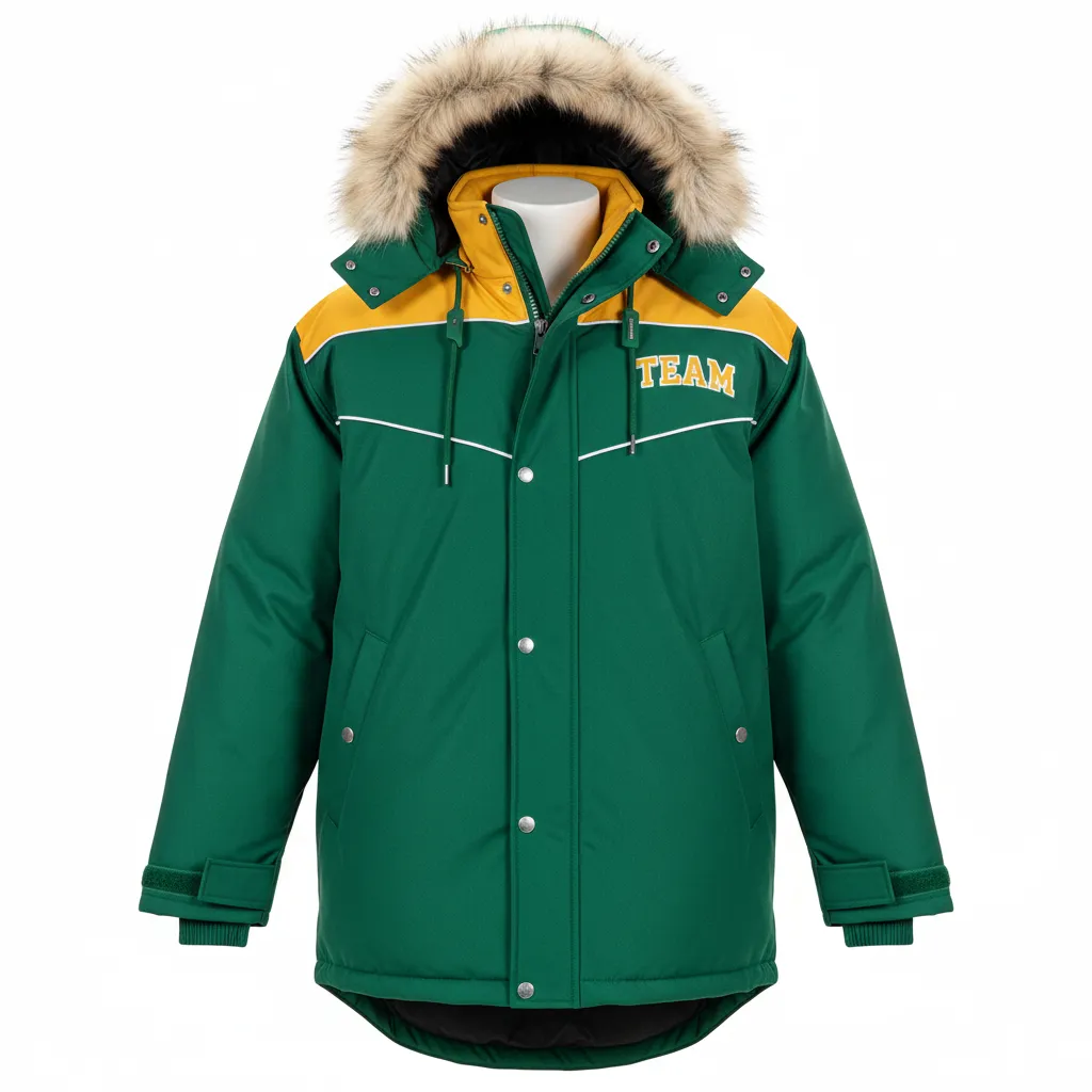 Custom Ice Hockey Parka Winter Jacket - Gold, White - Forest - Front View - HAMCO Sports Inc.