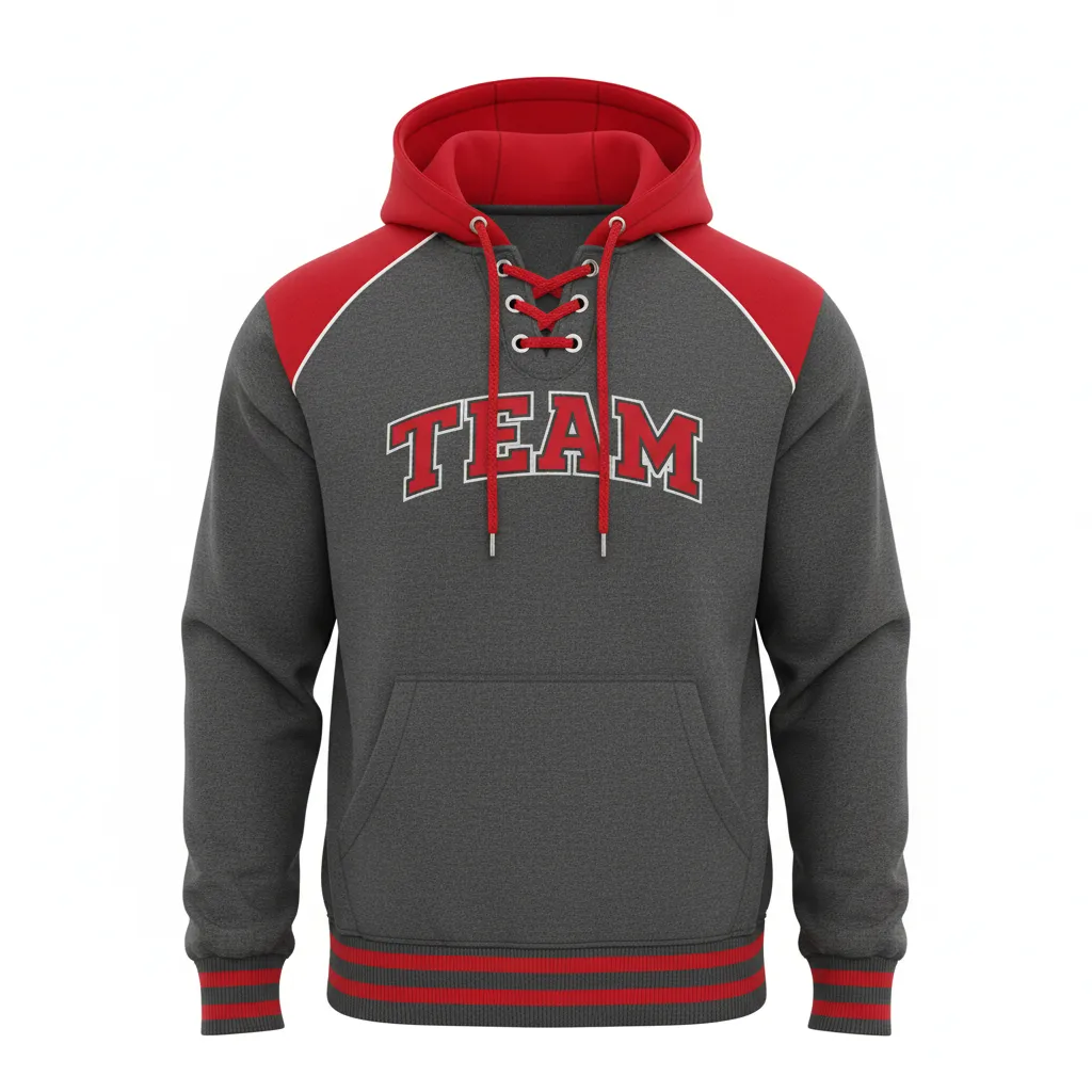 Custom Ice Hockey Pullover Hoodie - Red, White - Charcoal - Front View - HAMCO Sports Inc.