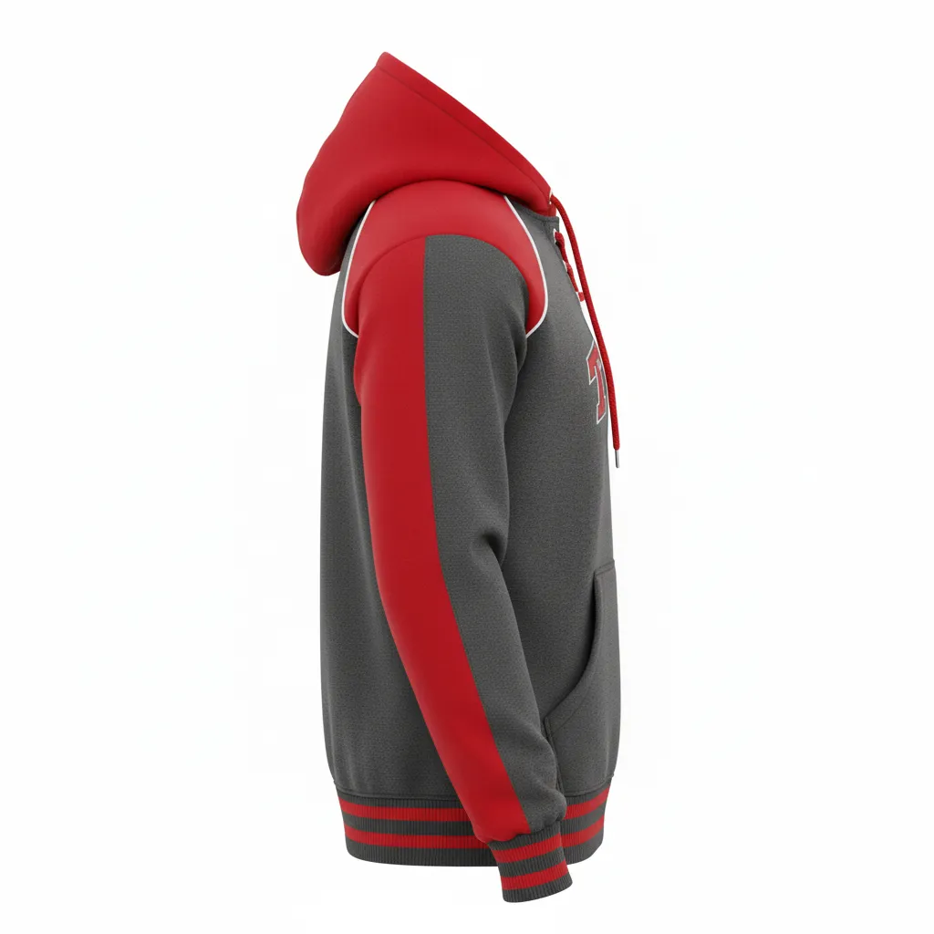 Custom Ice Hockey Pullover Hoodie - Red, White - Charcoal - Side View - HAMCO Sports Inc.