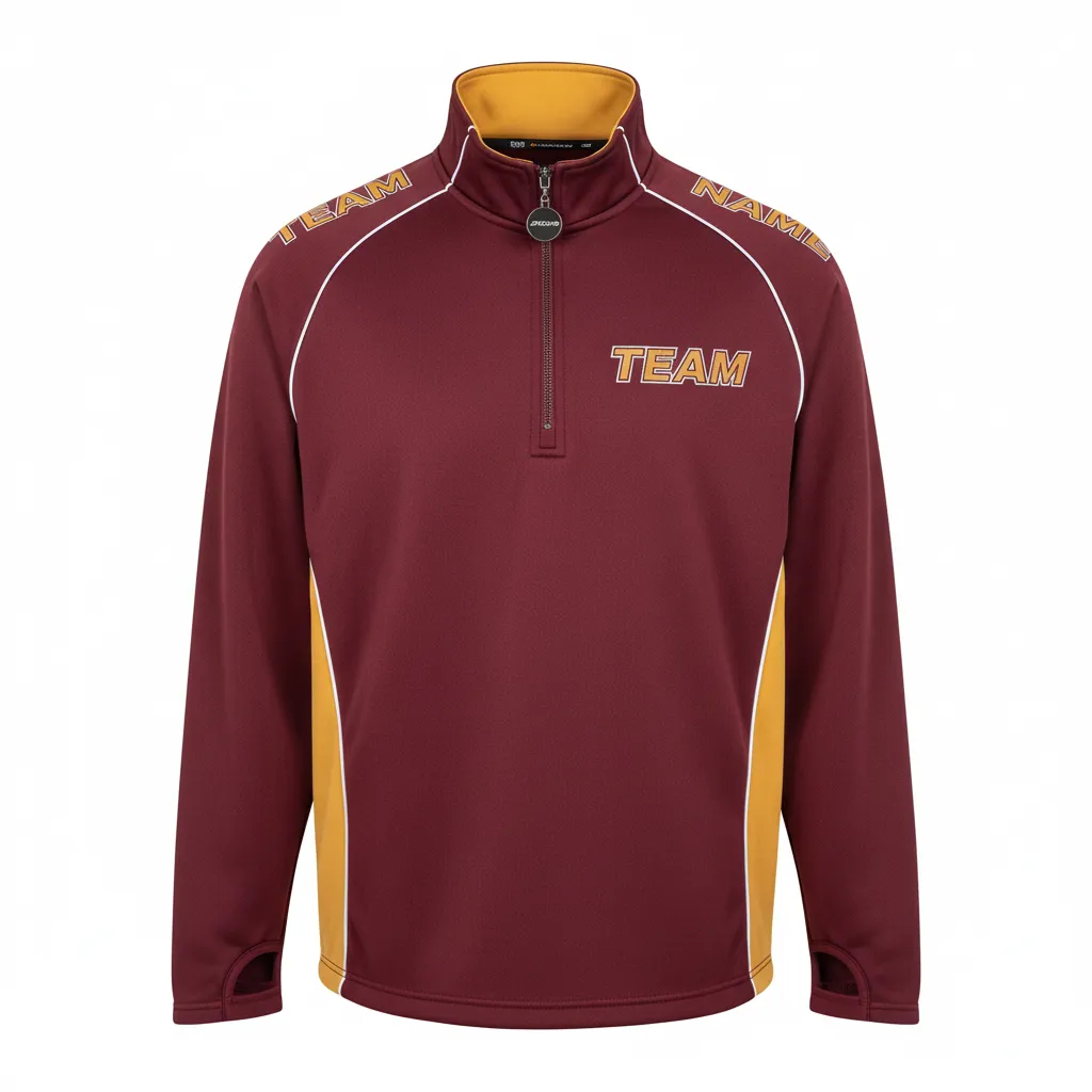 Custom Ice Hockey Quarter Zipper Pullover - Burgundy, Gold, White - Front View - HAMCO Sports Inc.