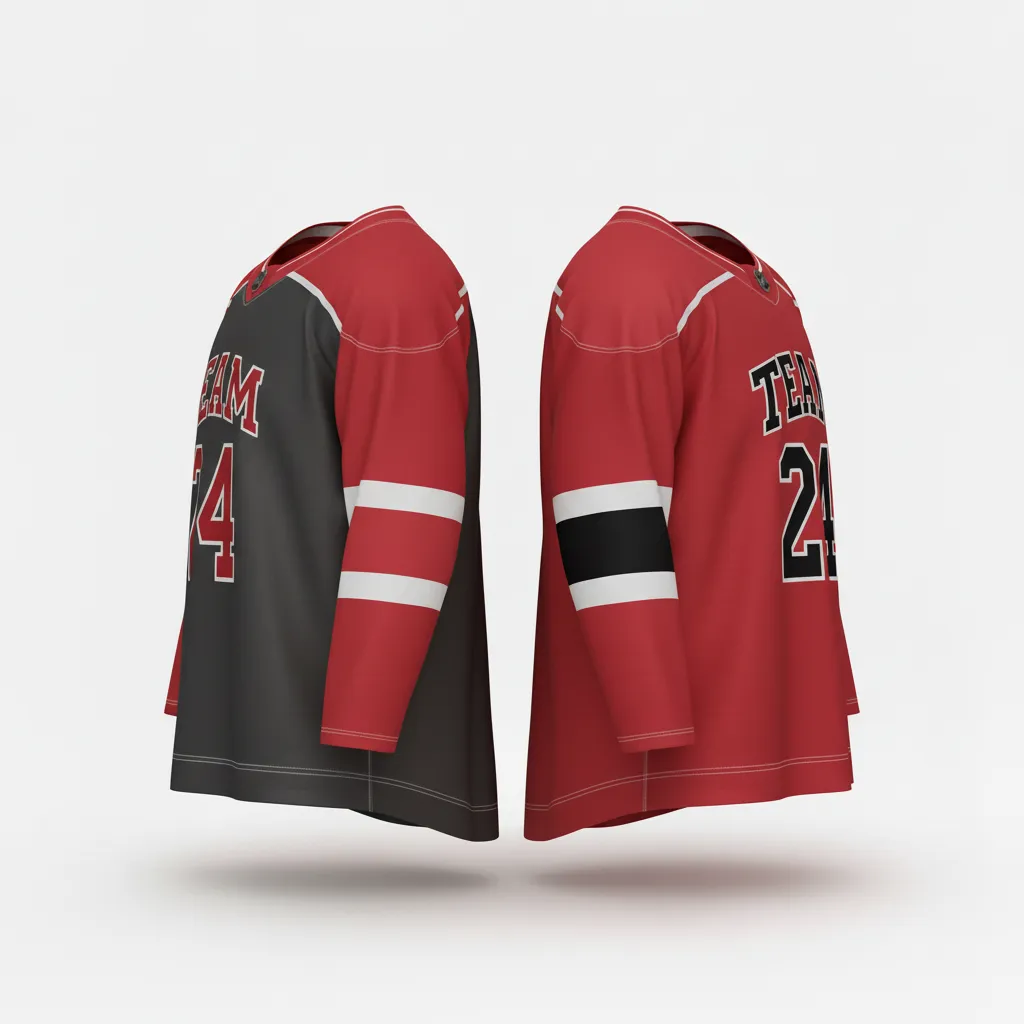 Custom Ice Hockey Reversible Hockey Jersey - Red - Charcoal - Side View - HAMCO Sports Inc.
