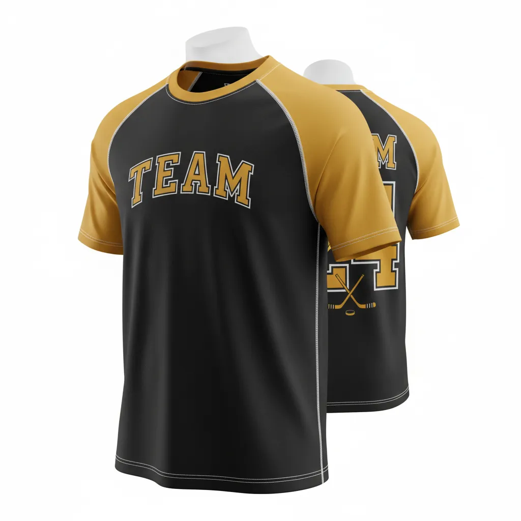 Custom Ice Hockey Short Sleeve T Shirt - Black, Gold, White - Front View - HAMCO Sports Inc.