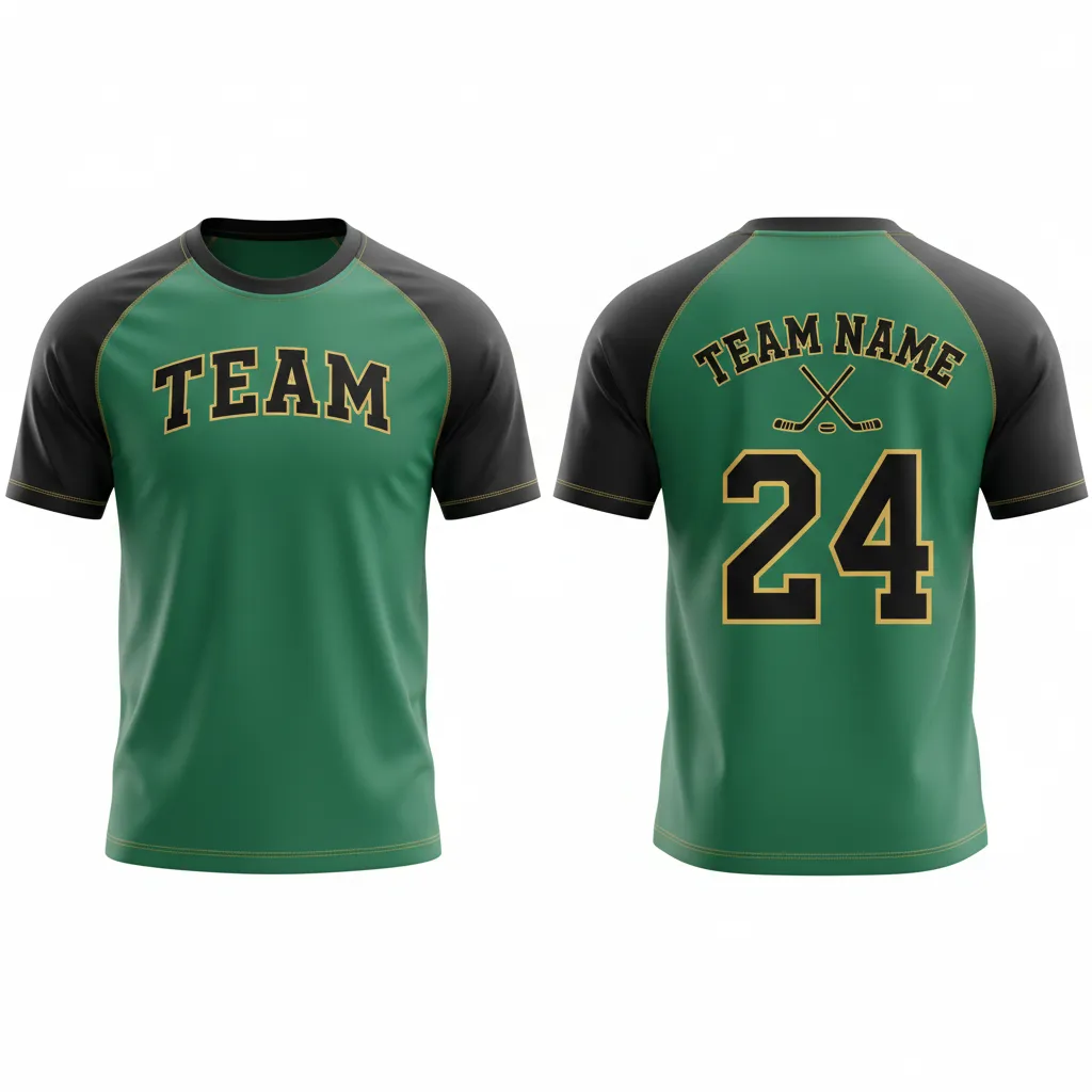 Custom Ice Hockey Short Sleeve T Shirt - Black, Gold - Forest - Front View - HAMCO Sports Inc.