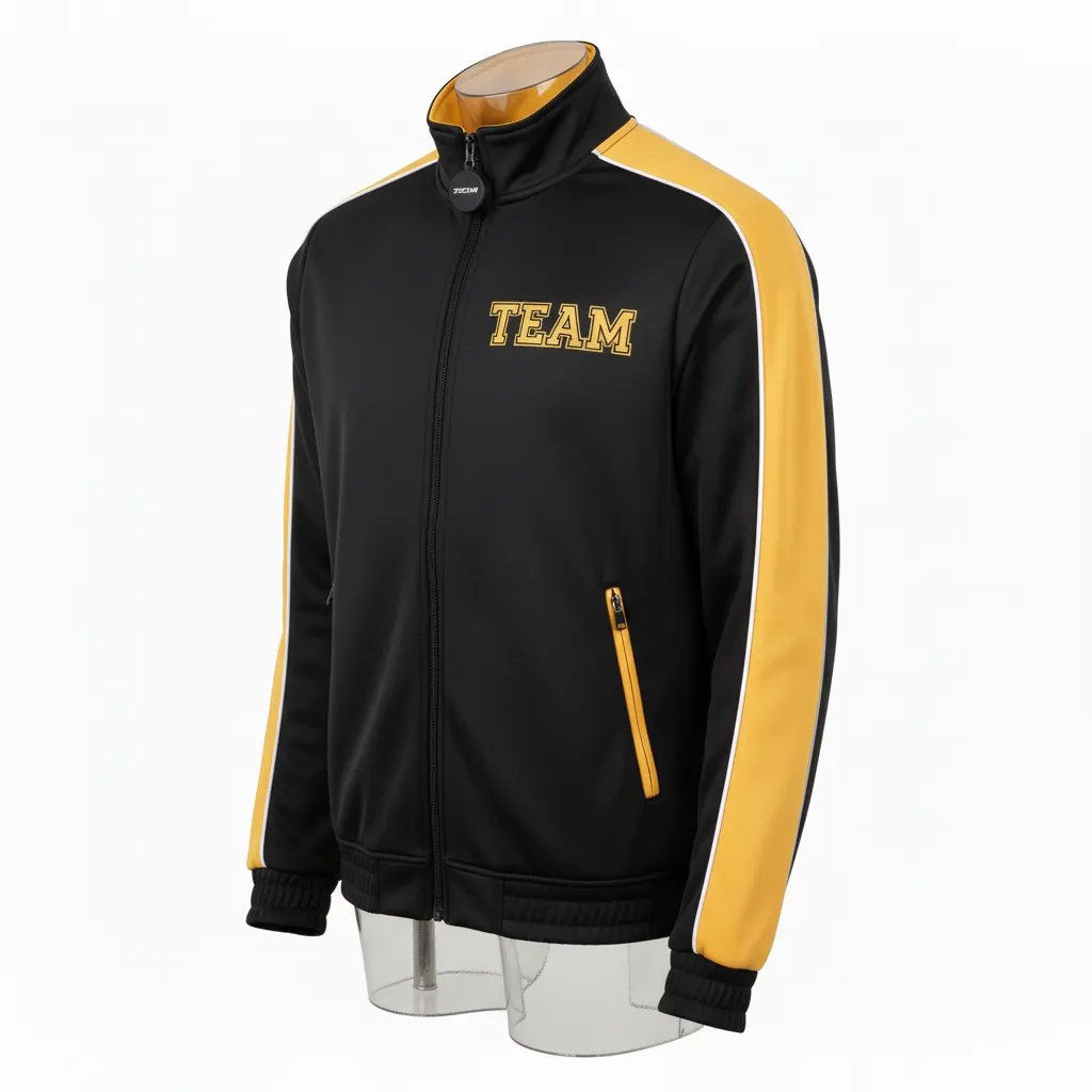 Custom Ice Hockey Track Jacket - Black, Gold, White - Front View - HAMCO Sports Inc.