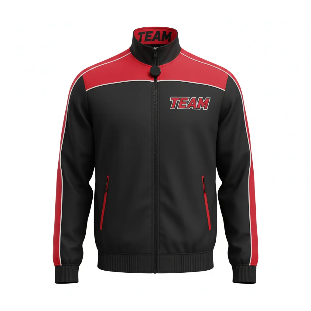 Custom Ice Hockey Track Jacket - Black, Red, White - Front View - HAMCO Sports Inc.