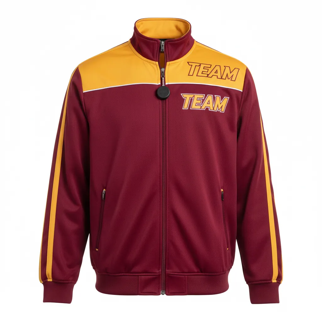 Custom Ice Hockey Track Jacket - Burgundy, Gold, White - Front View - HAMCO Sports Inc.