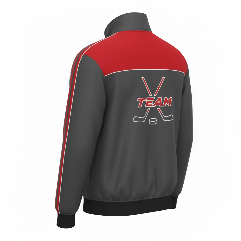 Custom Ice Hockey Track Jacket - Red, White - Charcoal - Back View - HAMCO Sports Inc.