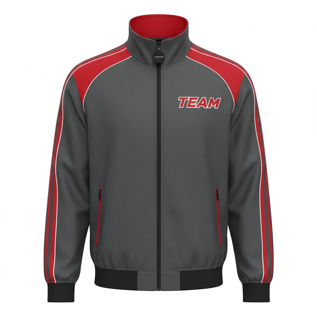 Custom Ice Hockey Track Jacket - Red, White - Charcoal - Front View - HAMCO Sports Inc.