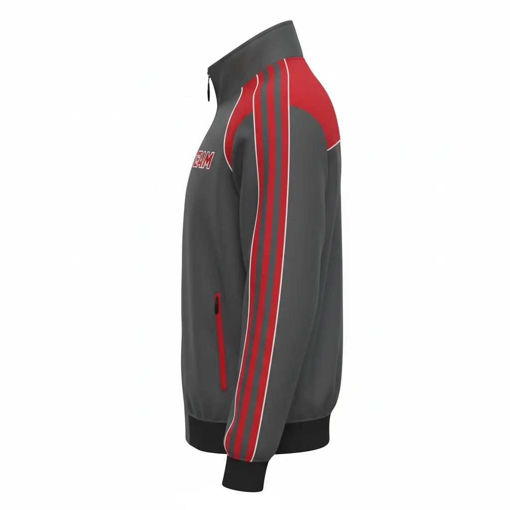 Custom Ice Hockey Track Jacket - Red, White - Charcoal - Side View - HAMCO Sports Inc.