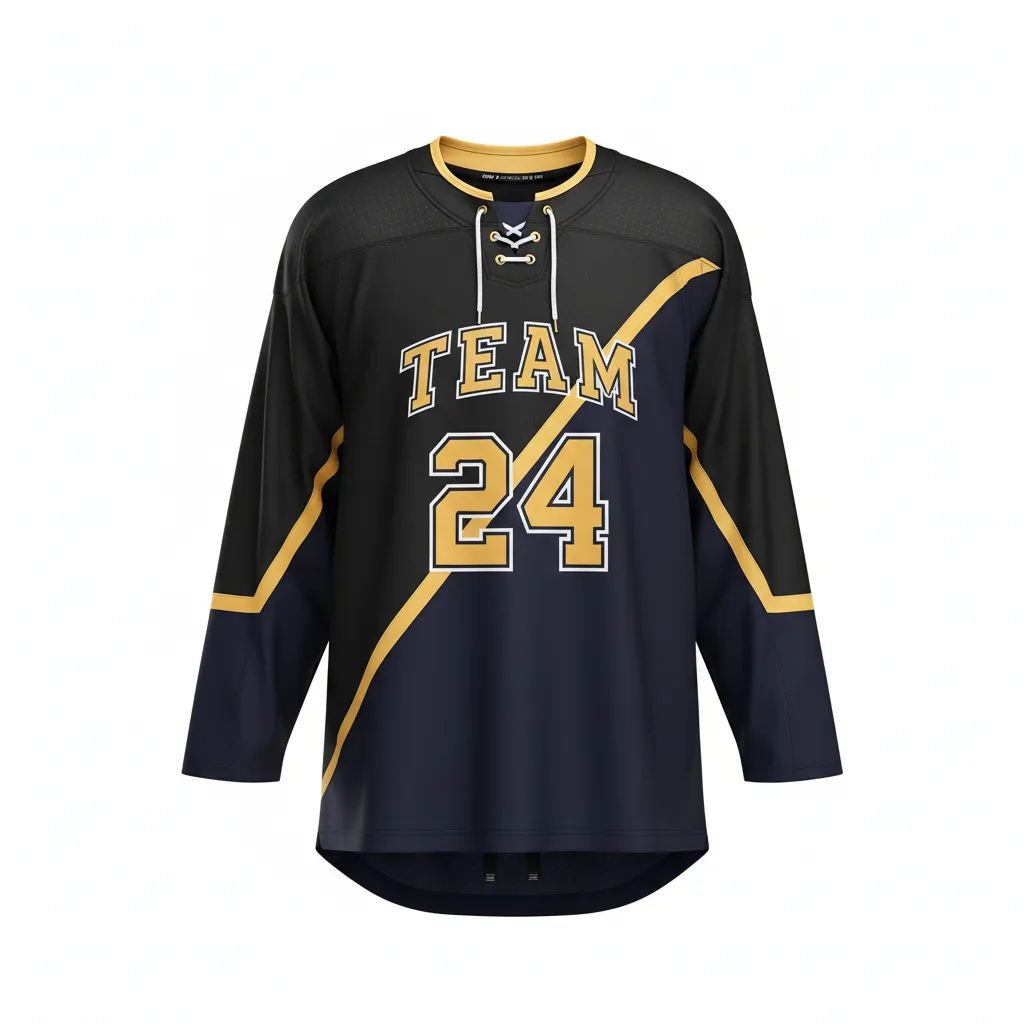Custom Ice Hockey Two Tone Hockey Jersey - Black, Navy, Gold - Front View - HAMCO Sports Inc.