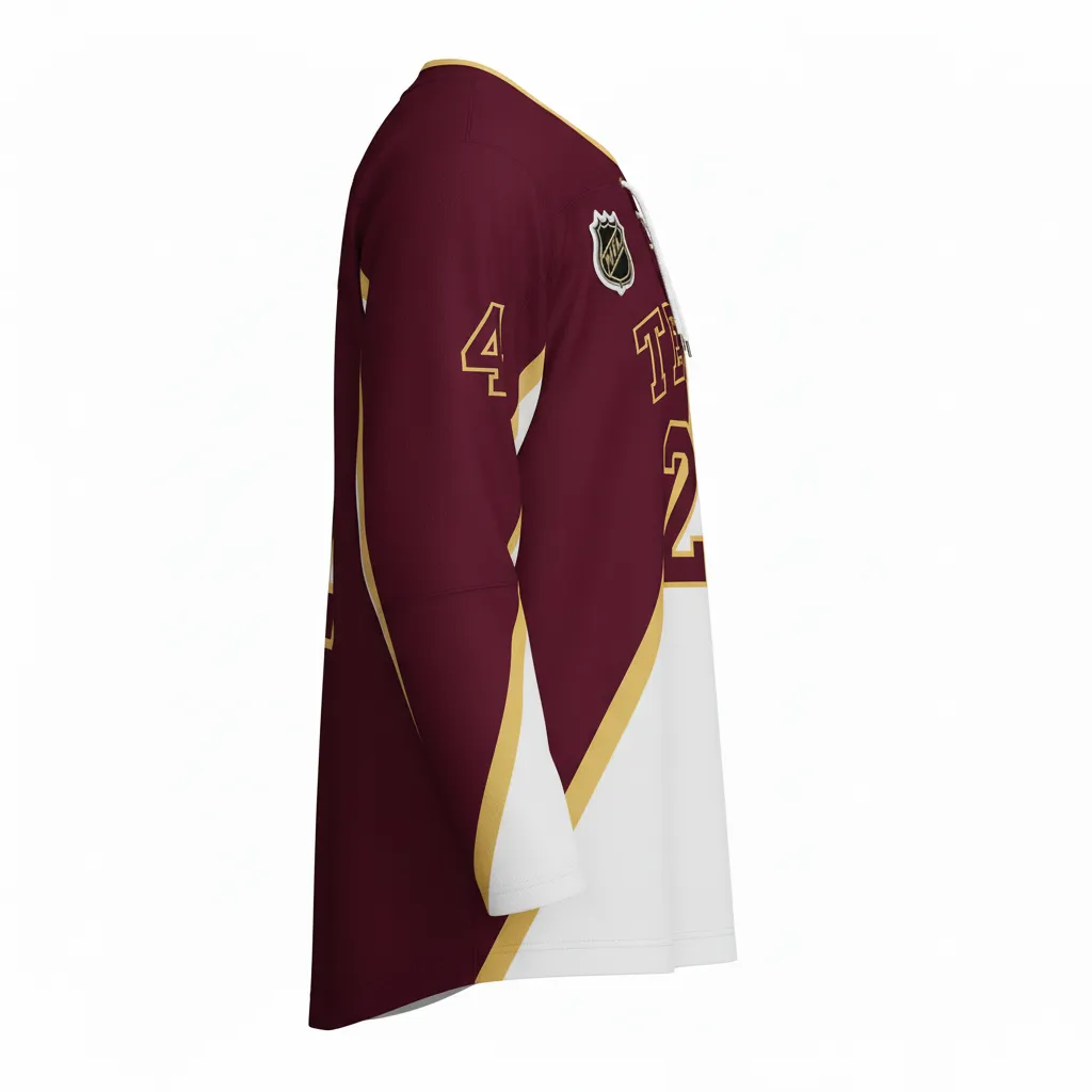 Custom Ice Hockey Two Tone Hockey Jersey - Burgundy, White, Gold - Side View - HAMCO Sports Inc.