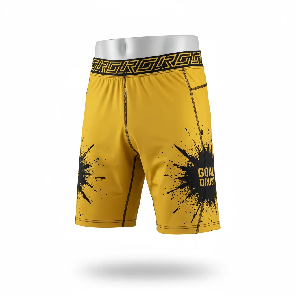 Custom Lacrosse Compression Shorts - Gold, Black - Compression Shorts Athletic Goal Dust Explosion - Front View - HAMCO Sports Inc.