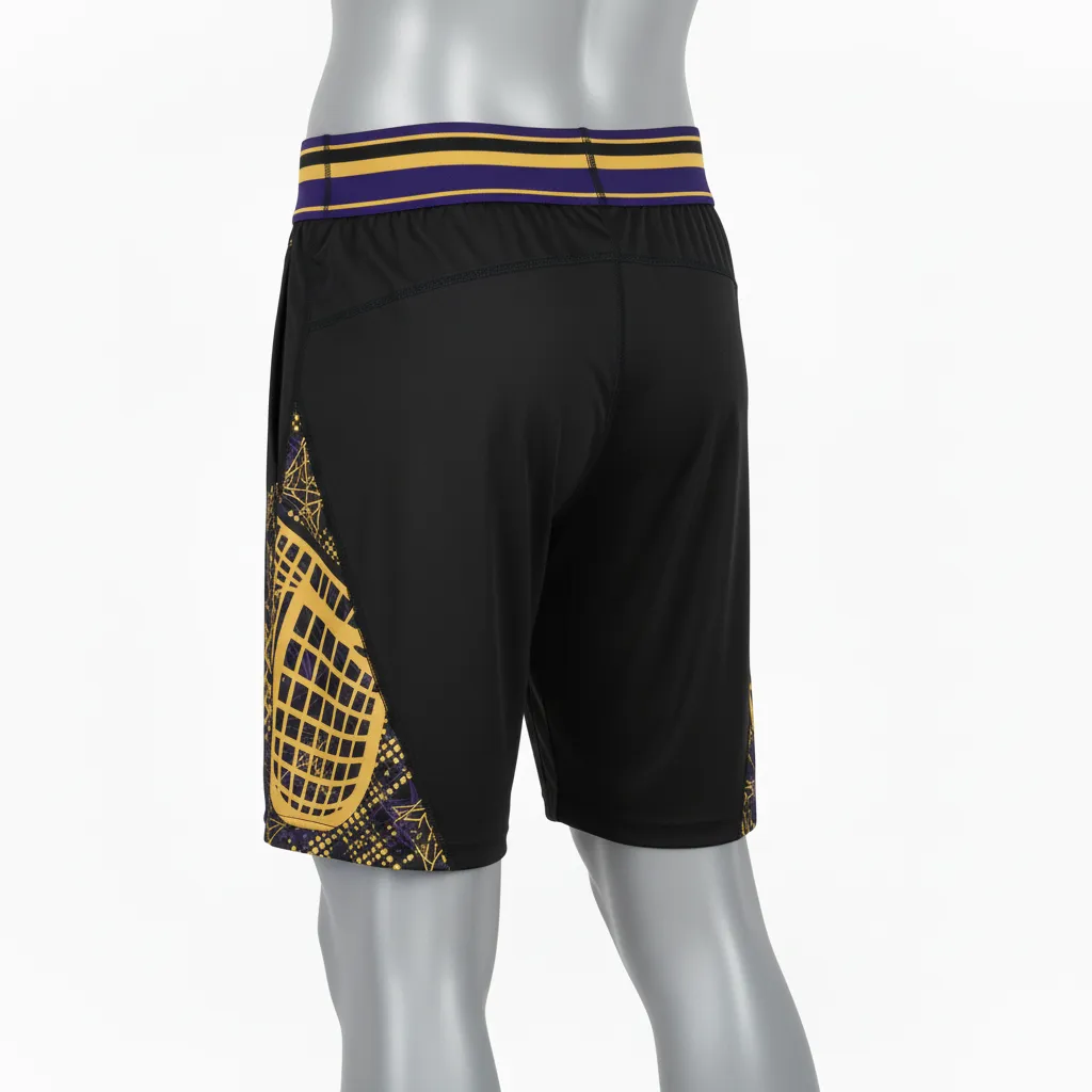 Custom Lacrosse Compression Shorts - Black, Gold, Purple - Compression Shorts Creator S Game Celestial - Back View - HAMCO Sports Inc.
