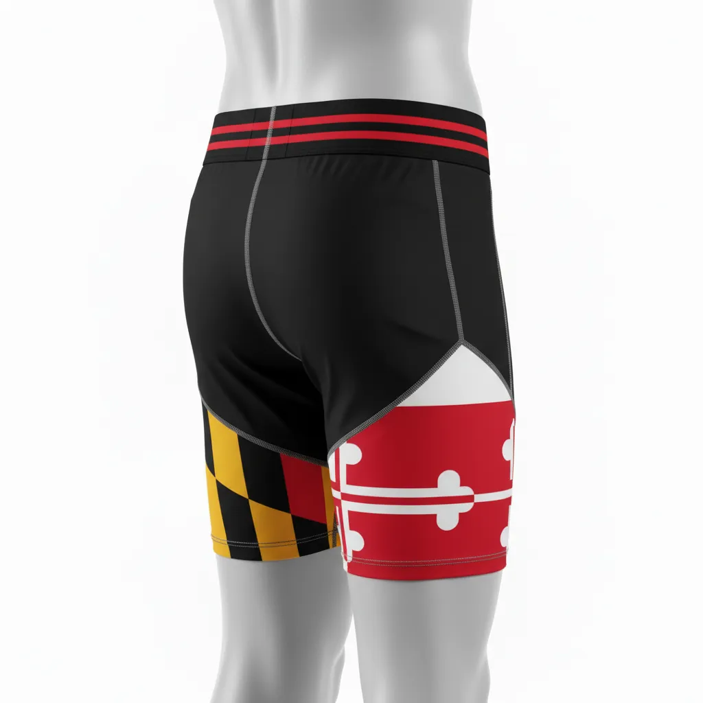 Custom Lacrosse Compression Shorts - Black, Red, Gold - Compression Shorts Maryland Pride - Back View - HAMCO Sports Inc.