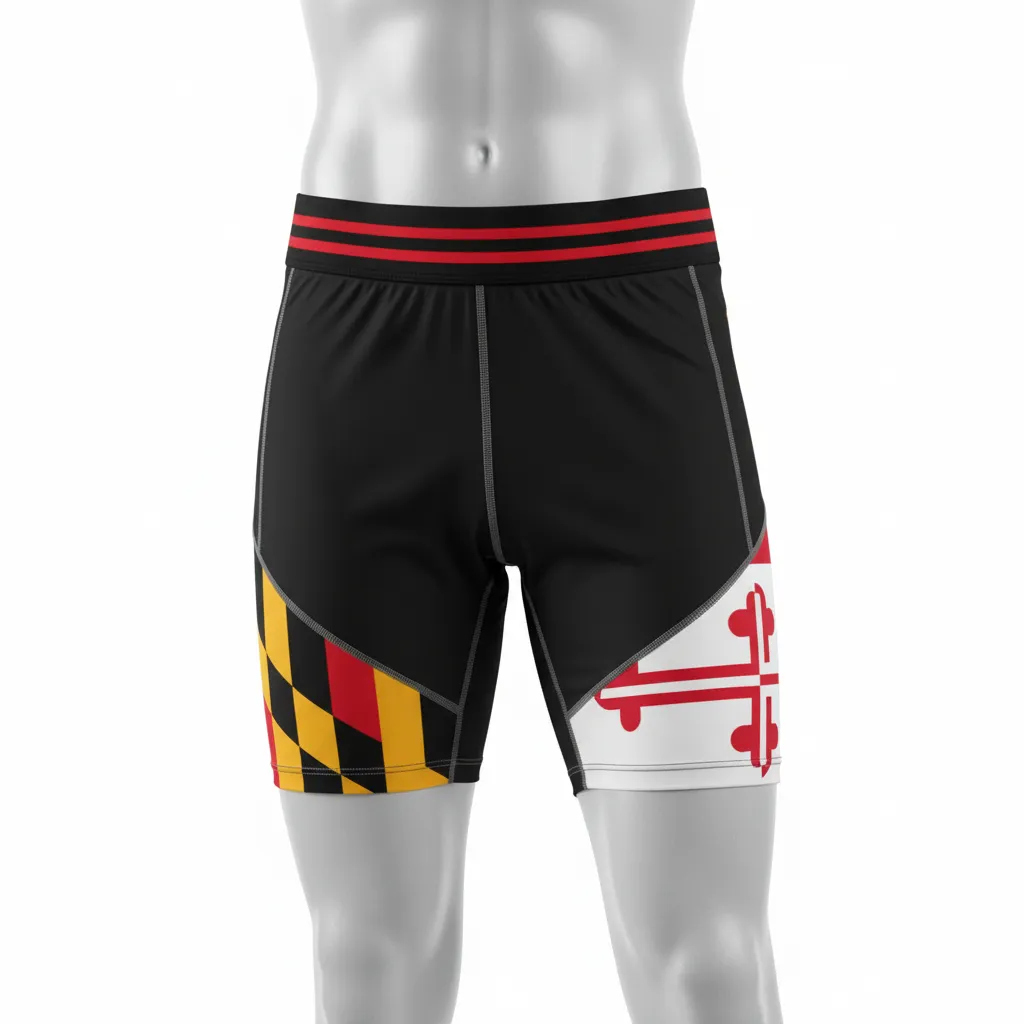 Custom Lacrosse Compression Shorts - Black, Red, Gold - Compression Shorts Maryland Pride - Front View - HAMCO Sports Inc.