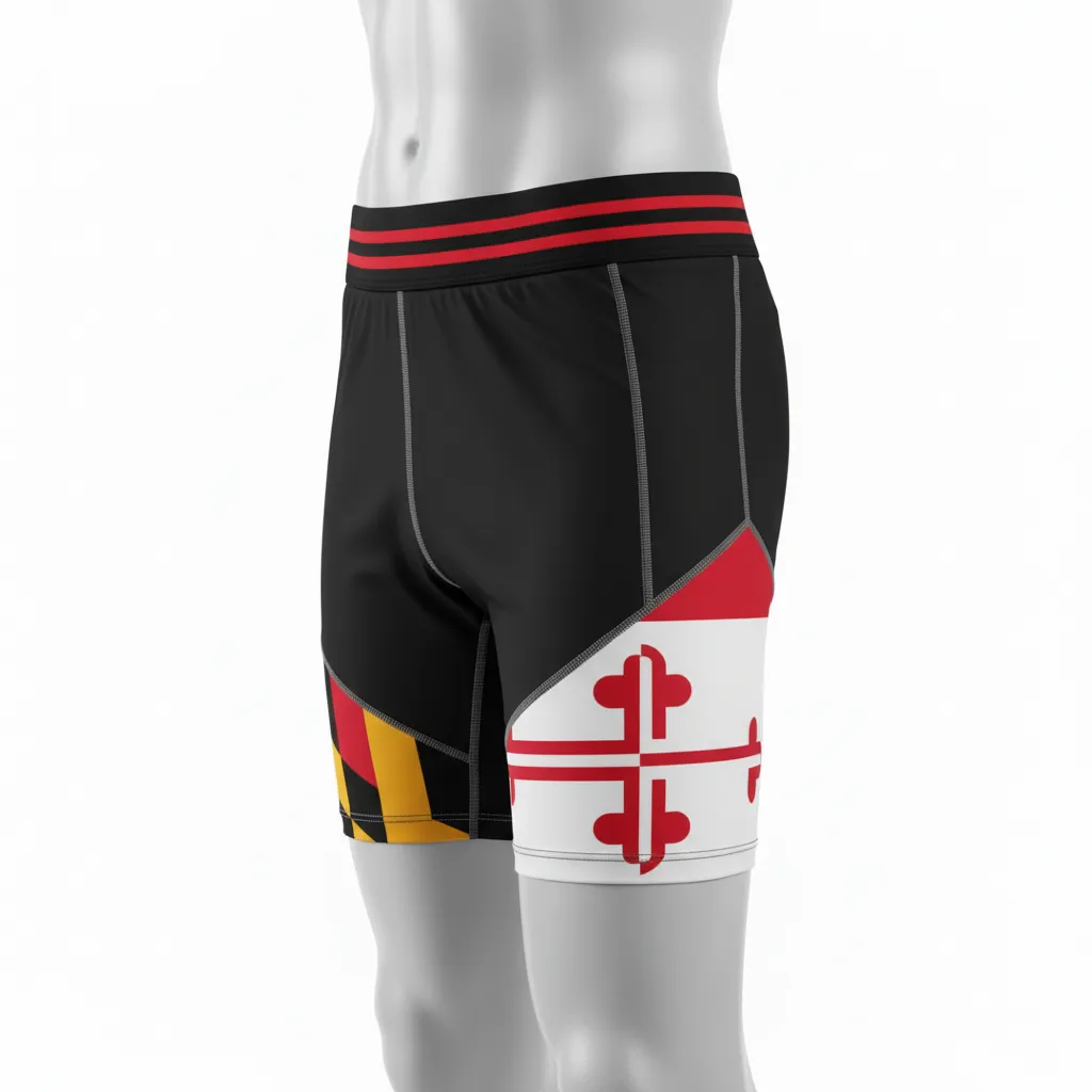 Custom Lacrosse Compression Shorts - Black, Red, Gold - Compression Shorts Maryland Pride - Side View - HAMCO Sports Inc.