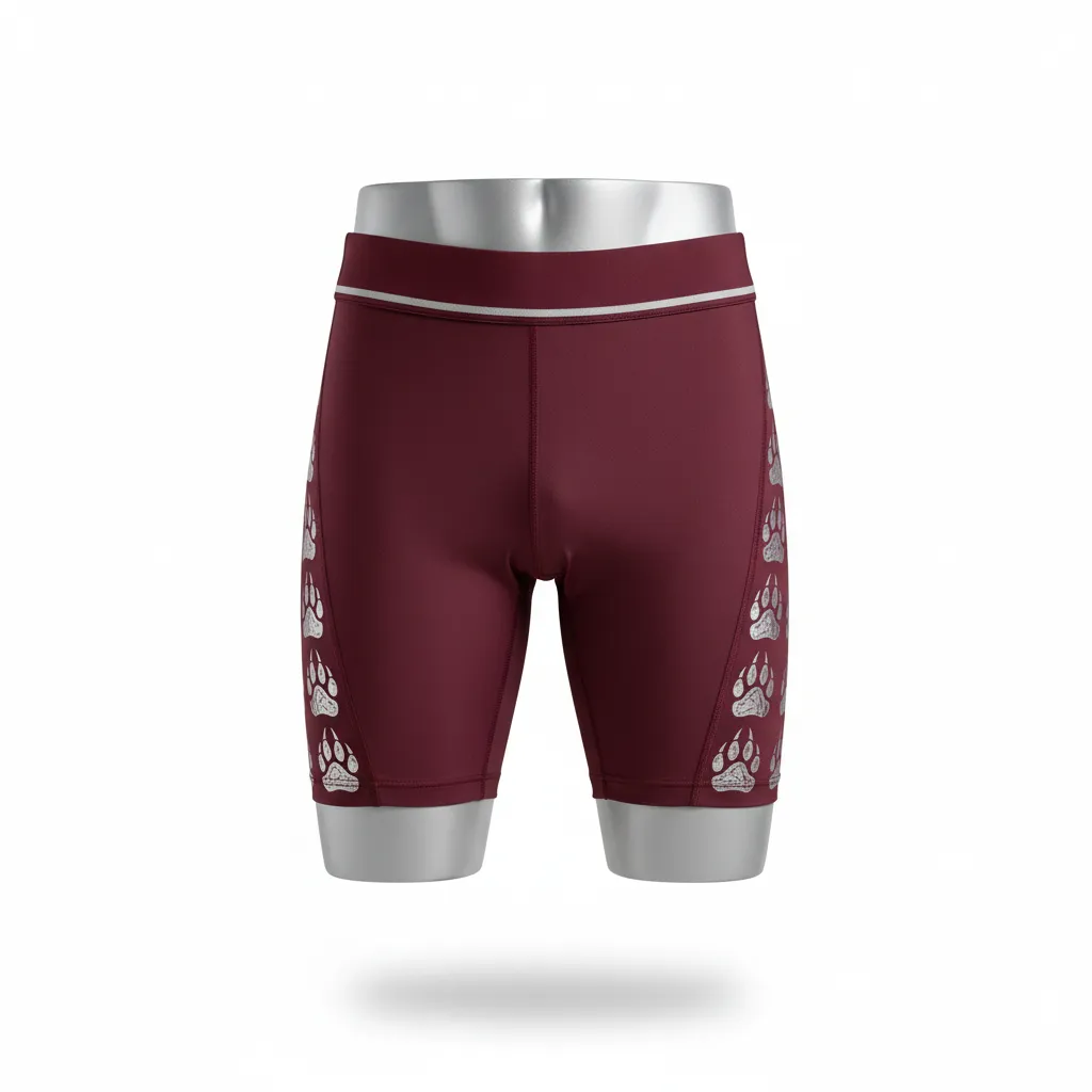 Custom Lacrosse Compression Shorts - Burgundy, Silver - Compression Shorts Bear Clan Strength - Front View - HAMCO Sports Inc.