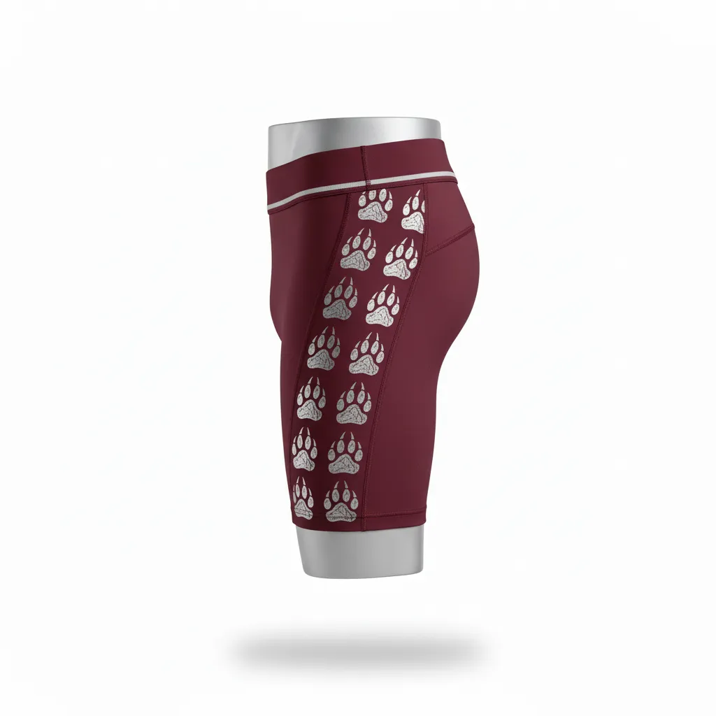 Custom Lacrosse Compression Shorts - Burgundy, Silver - Compression Shorts Bear Clan Strength - Side View - HAMCO Sports Inc.