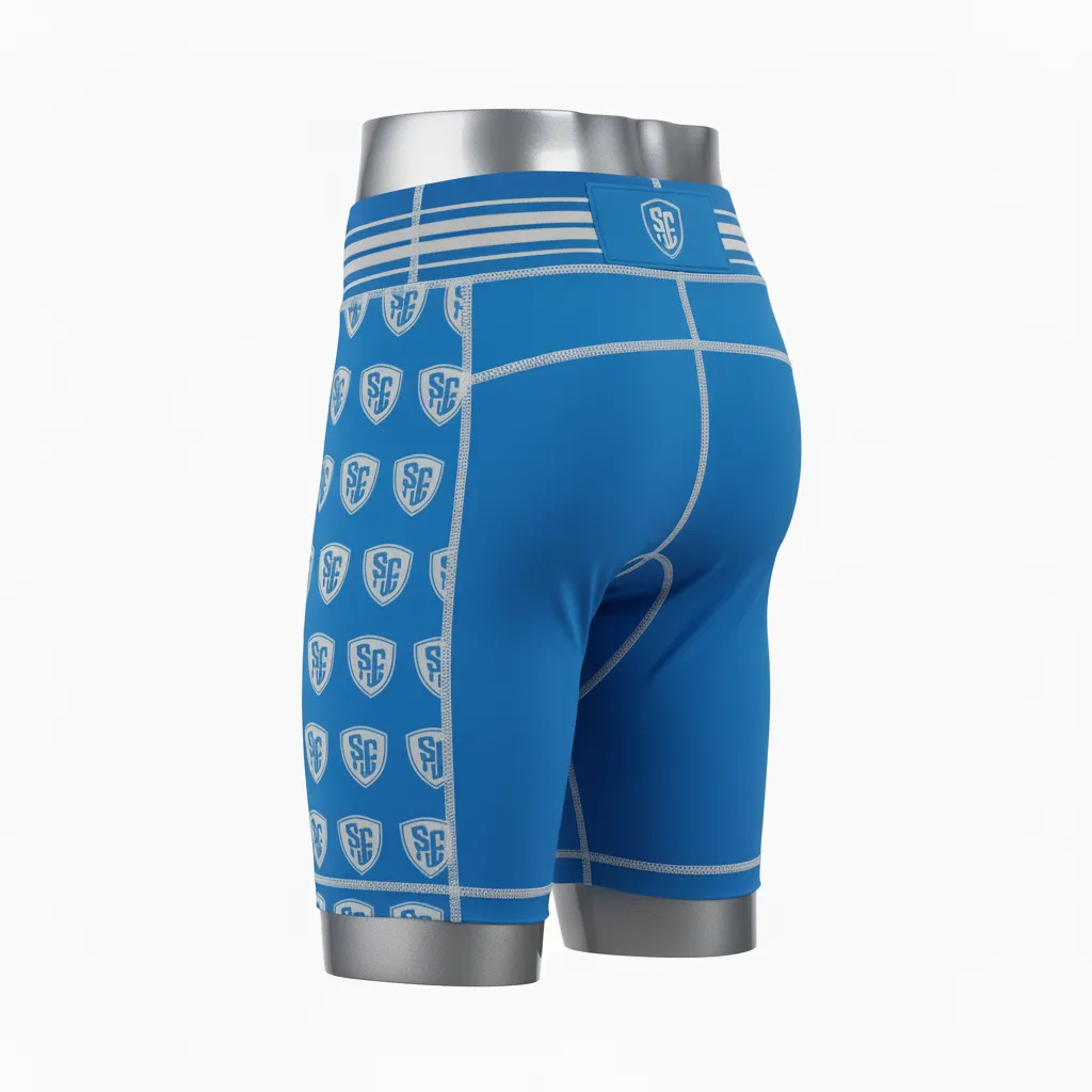 Custom Lacrosse Compression Shorts - Blue, White, Blue - Compression Shorts Carolina Tar Heel - Back View - HAMCO Sports Inc.
