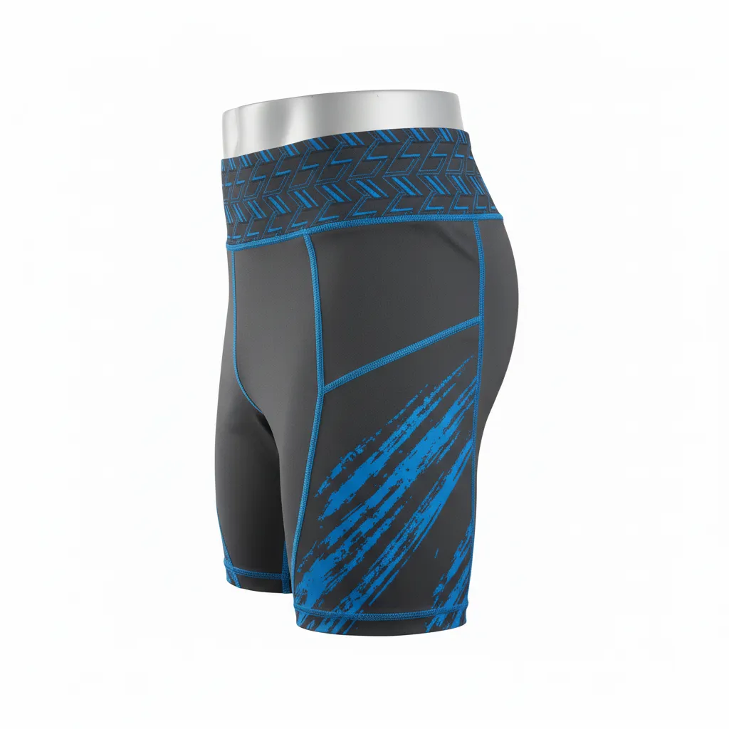 Custom Lacrosse Compression Shorts - Blue - Compression Shorts Charcoal Electric Cleat Marks Trail - Side View - HAMCO Sports Inc.