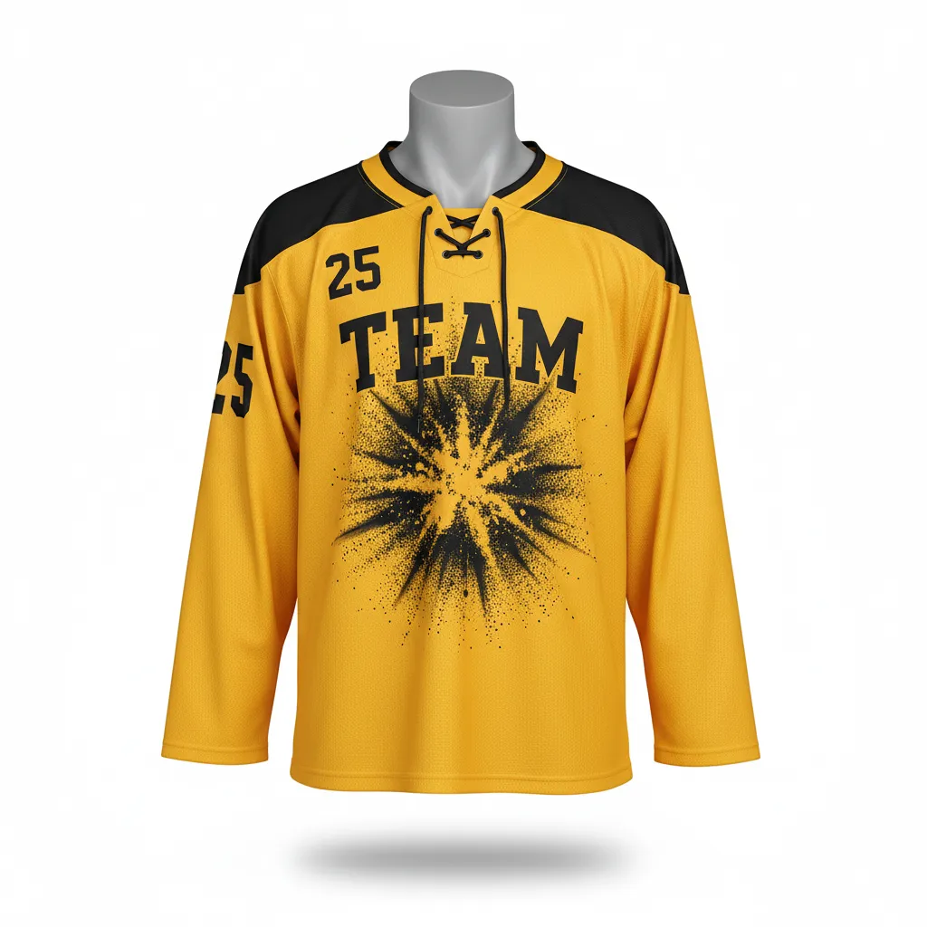 Custom Lacrosse Full Sleeve Lacrosse Jersey - Gold, Black - Box Long Sleeve Jersey Athletic Goal Dust Explosion - Front View - HAMCO Sports Inc.
