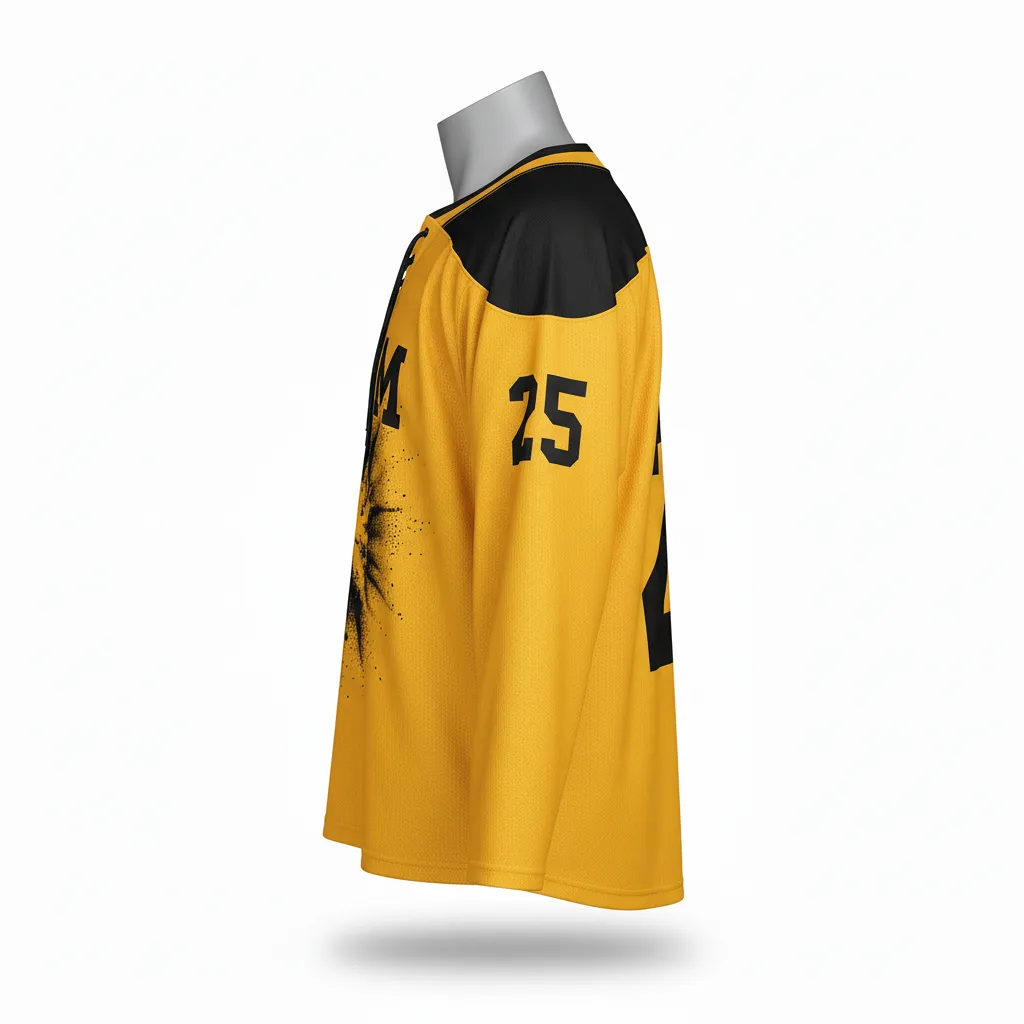 Custom Lacrosse Full Sleeve Lacrosse Jersey - Gold, Black - Box Long Sleeve Jersey Athletic Goal Dust Explosion - Side View - HAMCO Sports Inc.