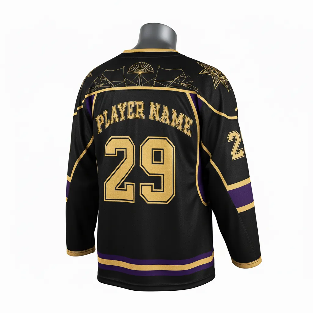 Custom Lacrosse Full Sleeve Lacrosse Jersey - Black, Gold, Purple - Box Long Sleeve Jersey Creator S Game Celestial - Back View - HAMCO Sports Inc.