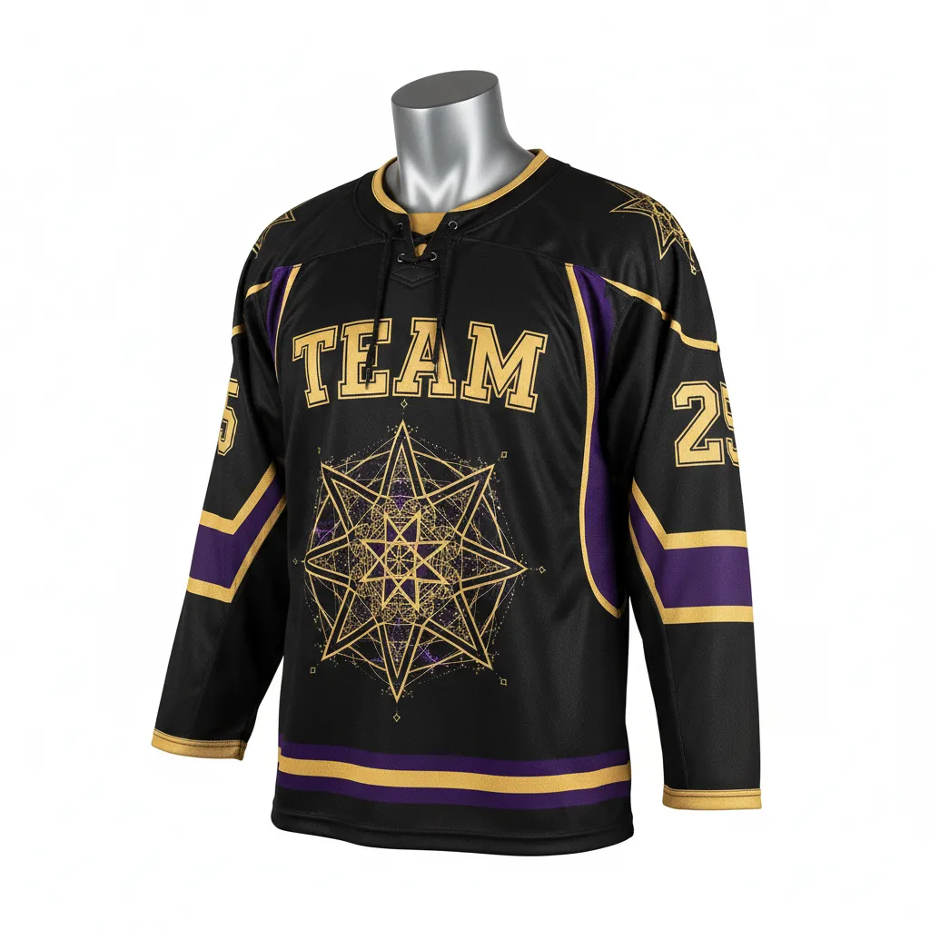 Custom Lacrosse Full Sleeve Lacrosse Jersey - Black, Gold, Purple - Box Long Sleeve Jersey Creator S Game Celestial - Front View - HAMCO Sports Inc.