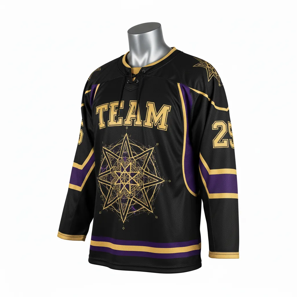 Custom Lacrosse Full Sleeve Lacrosse Jersey - Black, Gold, Purple - Box Long Sleeve Jersey Creator S Game Celestial - Side View - HAMCO Sports Inc.