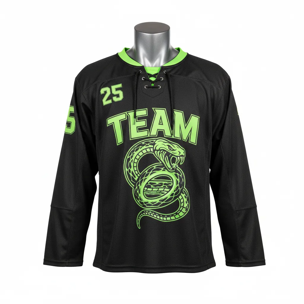 Custom Lacrosse Full Sleeve Lacrosse Jersey - Black, Green - Box Long Sleeve Jersey Neon Serpent Strike - Front View - HAMCO Sports Inc.