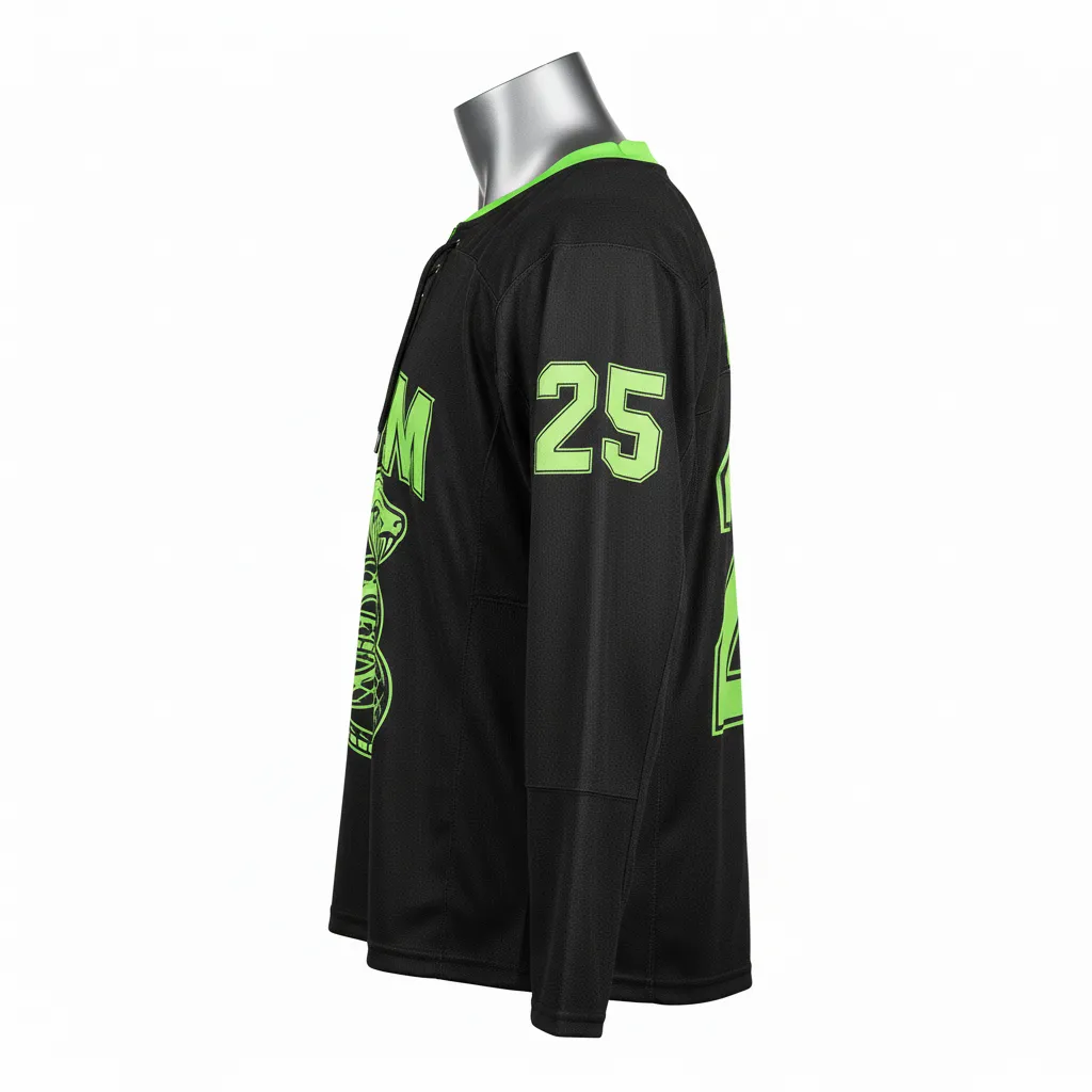 Custom Lacrosse Full Sleeve Lacrosse Jersey - Black, Green - Box Long Sleeve Jersey Neon Serpent Strike - Side View - HAMCO Sports Inc.