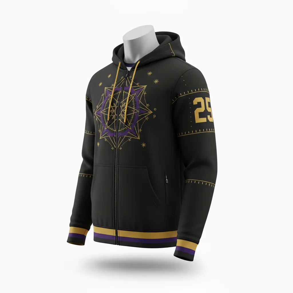 Custom Lacrosse Full Zip Hoodie - Black, Gold, Purple - Full Zip Hoodie Creator S Game Celestial - Front View - HAMCO Sports Inc.