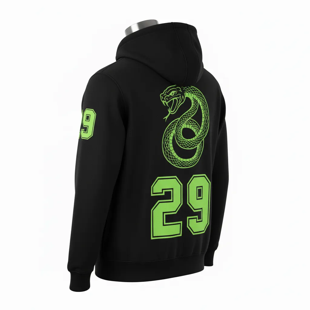 Custom Lacrosse Full Zip Hoodie - Black, Green - Full Zip Hoodie Neon Serpent Strike - Back View - HAMCO Sports Inc.