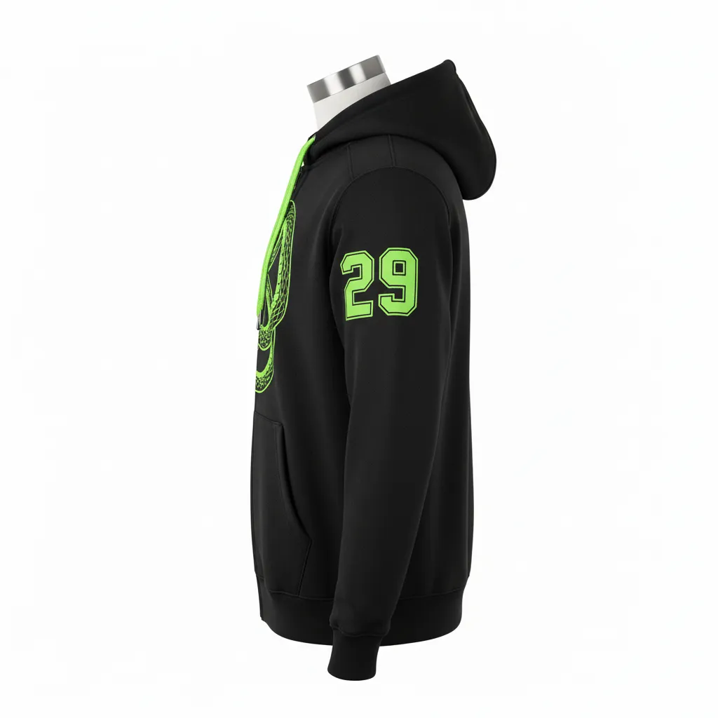 Custom Lacrosse Full Zip Hoodie - Black, Green - Full Zip Hoodie Neon Serpent Strike - Side View - HAMCO Sports Inc.