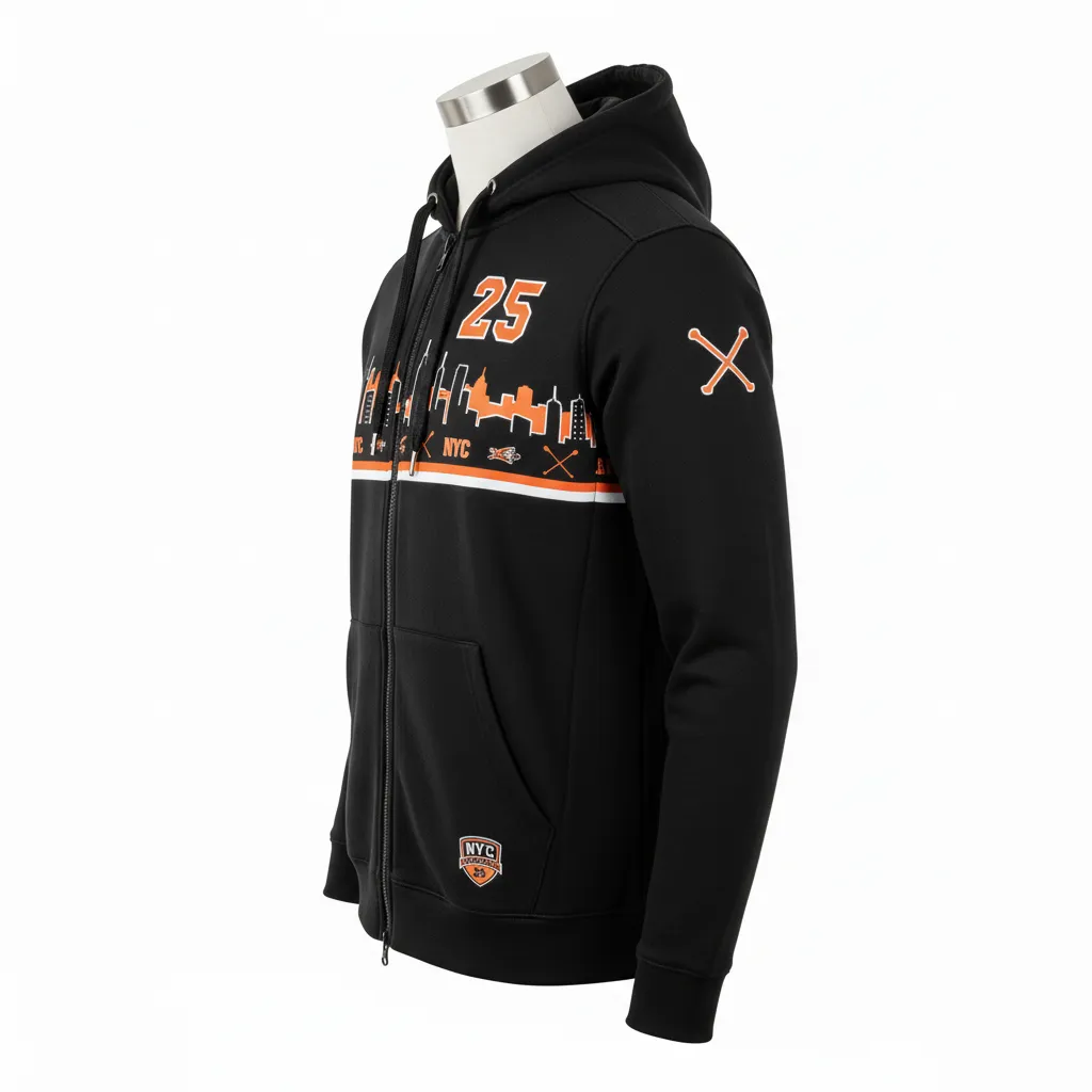 Custom Lacrosse Full Zip Hoodie - Black, Orange, White - Full Zip Hoodie Long Island Strong - Side View - HAMCO Sports Inc.