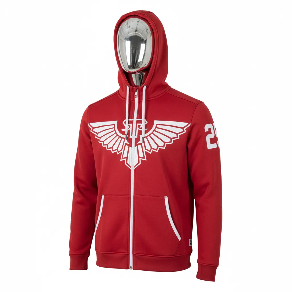 Custom Lacrosse Full Zip Hoodie - Red, White - Full Zip Hoodie Cardinal Thunderbird Spirit - Front View - HAMCO Sports Inc.