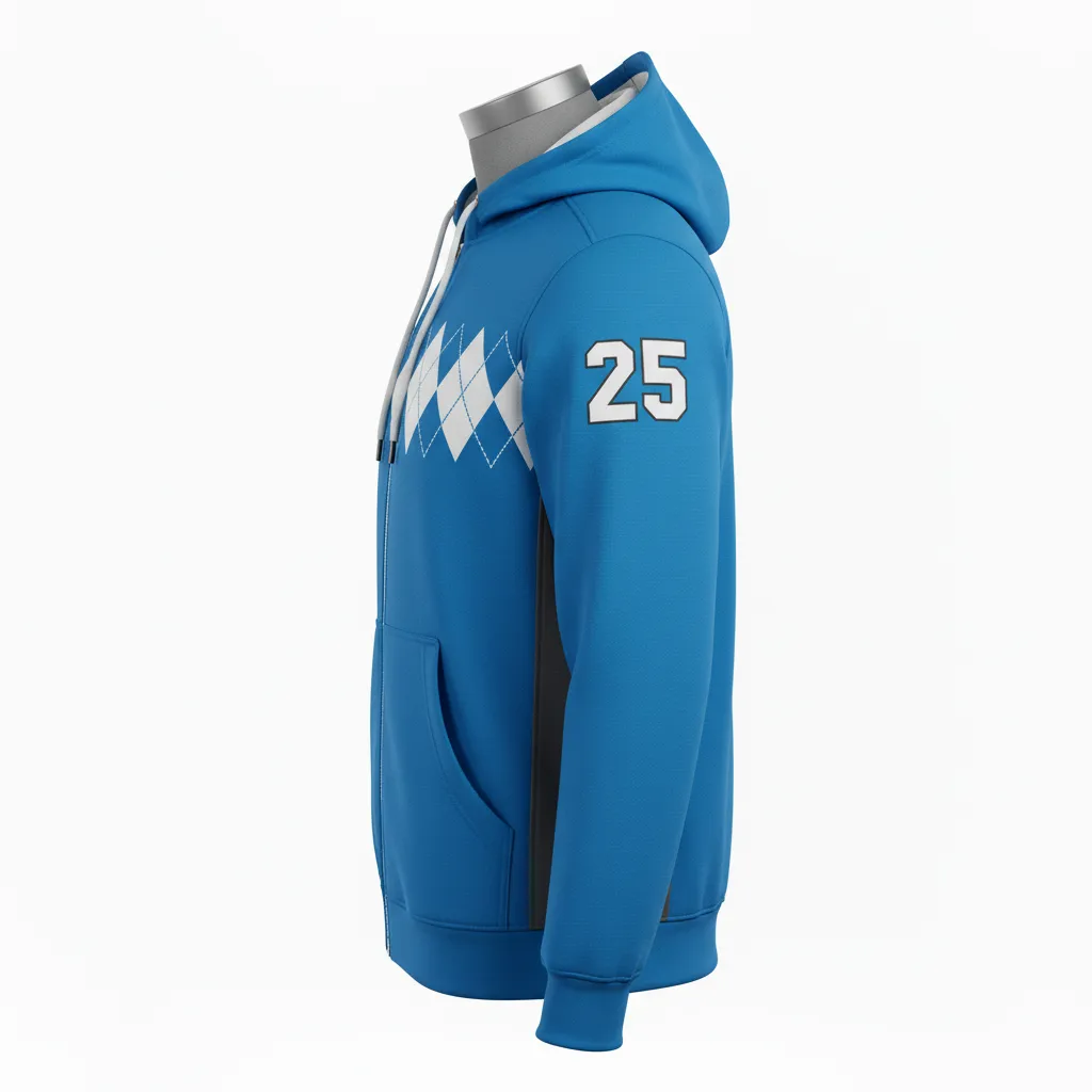 Custom Lacrosse Full Zip Hoodie - Blue, White, Blue - Full Zip Hoodie Carolina Tar Heel - Side View - HAMCO Sports Inc.