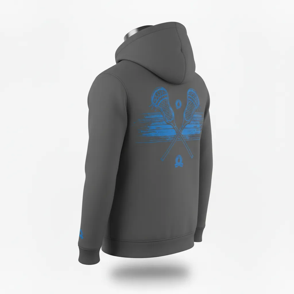 Custom Lacrosse Full Zip Hoodie - Blue - Full Zip Hoodie Charcoal Electric Cleat Marks Trail - Back View - HAMCO Sports Inc.