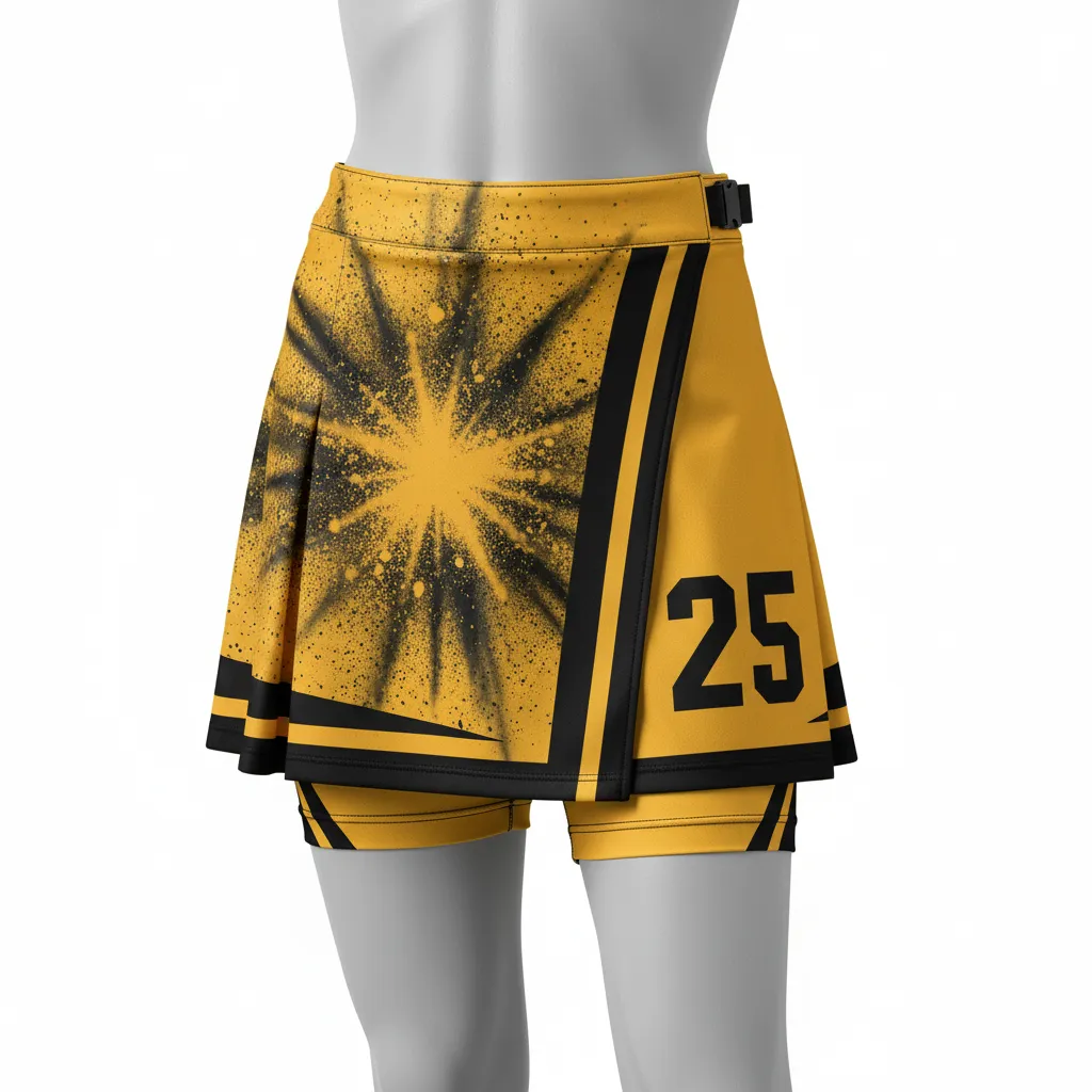 Custom Lacrosse Kilt Skirt - Gold, Black - Womens Kilt Athletic Goal Dust Explosion - Front View - HAMCO Sports Inc.