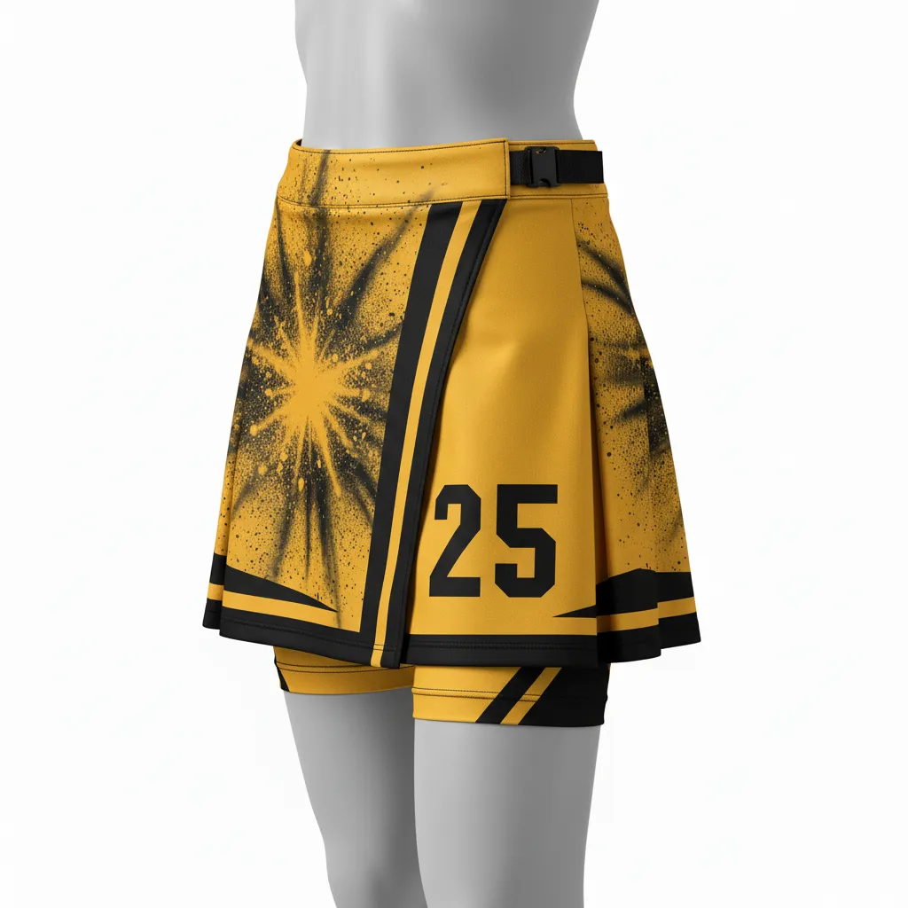 Custom Lacrosse Kilt Skirt - Gold, Black - Womens Kilt Athletic Goal Dust Explosion - Side View - HAMCO Sports Inc.