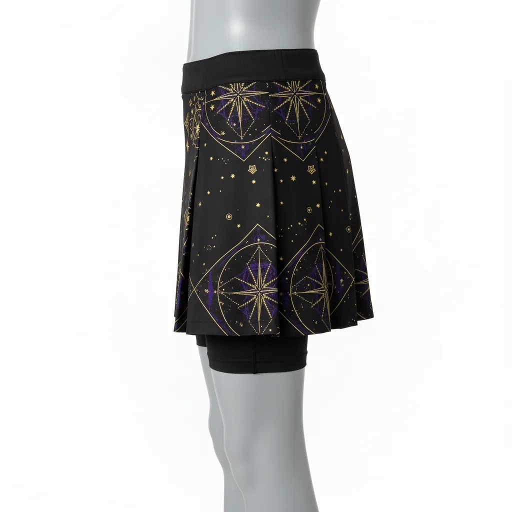 Custom Lacrosse Kilt Skirt - Black, Gold, Purple - Womens Kilt Creator S Game Celestial - Back View - HAMCO Sports Inc.