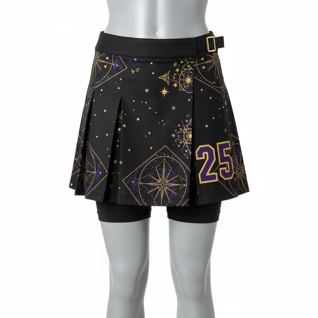 Custom Lacrosse Kilt Skirt - Black, Gold, Purple - Womens Kilt Creator S Game Celestial - Front View - HAMCO Sports Inc.
