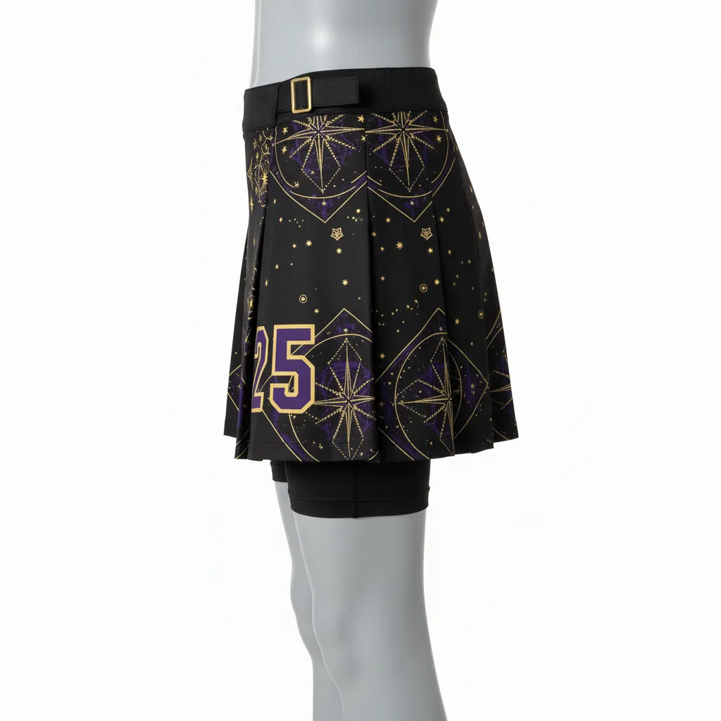 Custom Lacrosse Kilt Skirt - Black, Gold, Purple - Womens Kilt Creator S Game Celestial - Side View - HAMCO Sports Inc.
