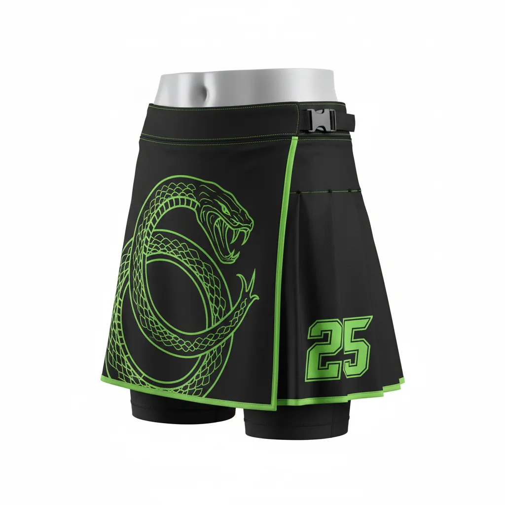 Custom Lacrosse Kilt Skirt - Black, Green - Womens Kilt Neon Serpent Strike - Front View - HAMCO Sports Inc.