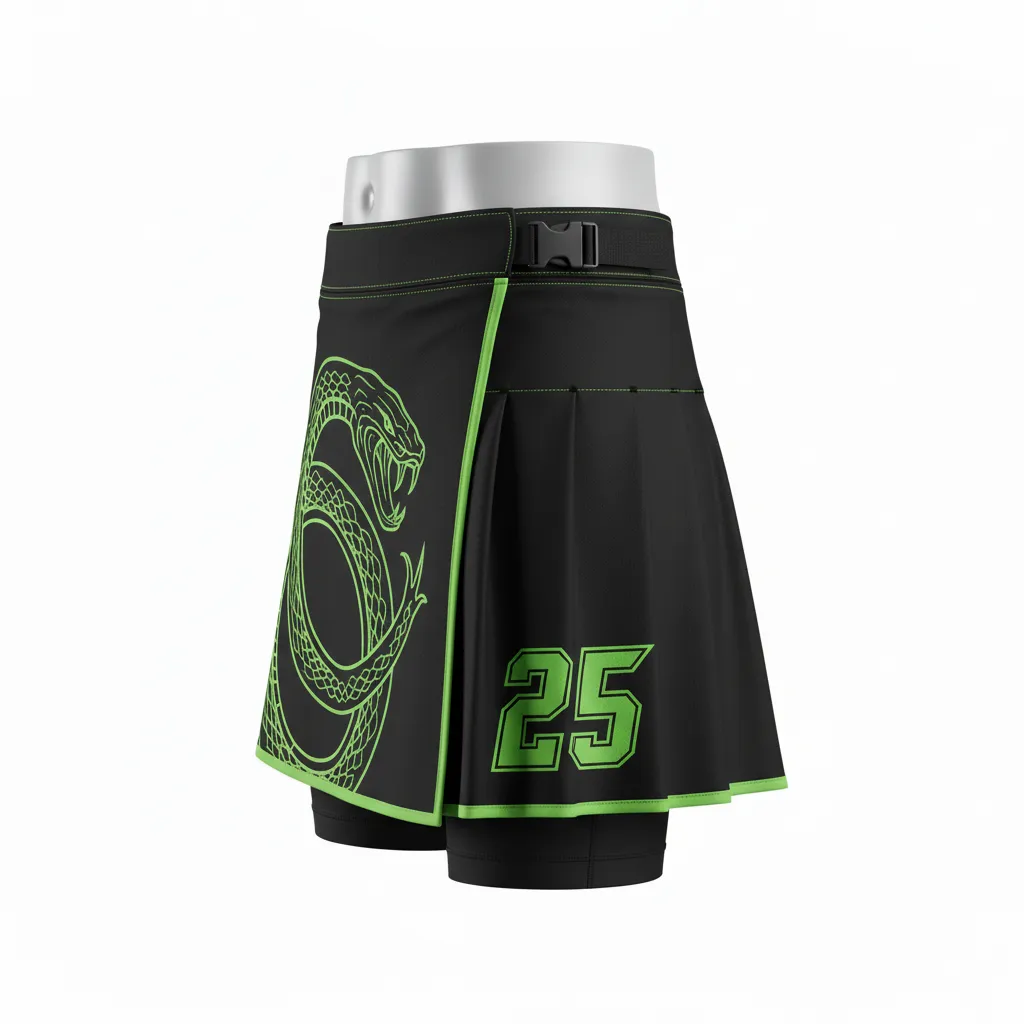 Custom Lacrosse Kilt Skirt - Black, Green - Womens Kilt Neon Serpent Strike - Side View - HAMCO Sports Inc.