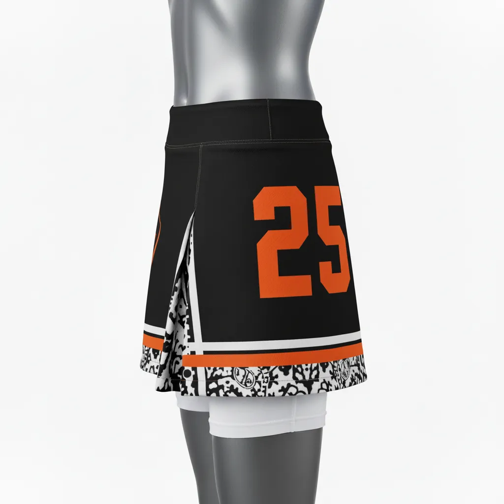 Custom Lacrosse Kilt Skirt - Black, Orange, White - Womens Kilt Long Island Strong - Back View - HAMCO Sports Inc.
