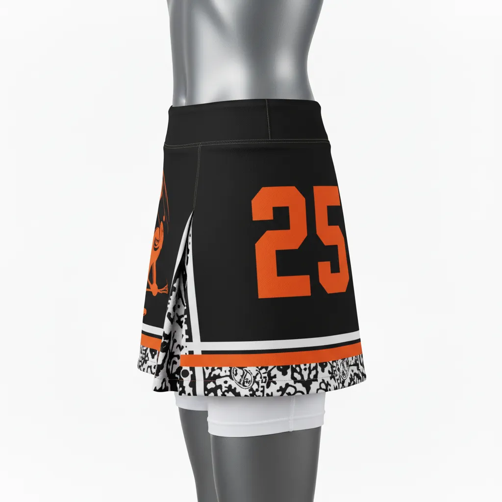 Custom Lacrosse Kilt Skirt - Black, Orange, White - Womens Kilt Long Island Strong - Front View - HAMCO Sports Inc.
