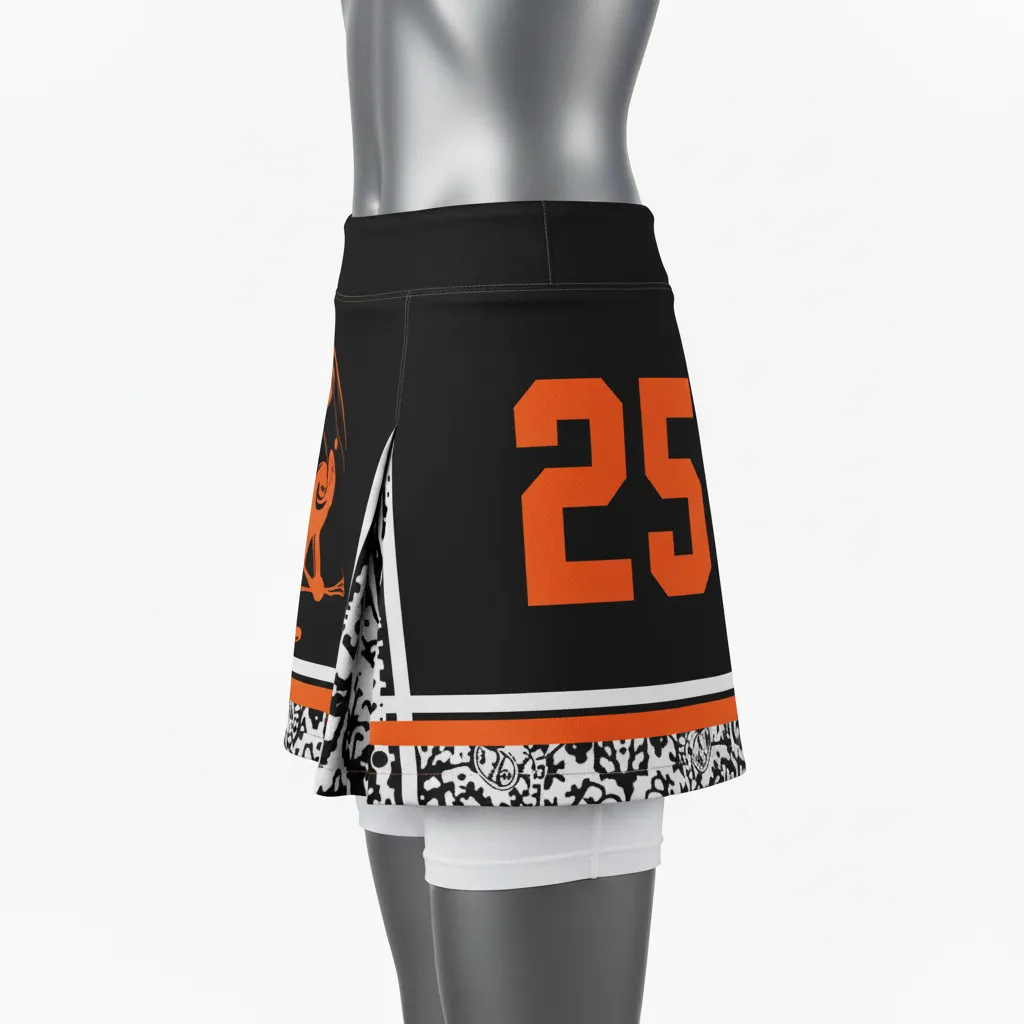 Custom Lacrosse Kilt Skirt - Black, Orange, White - Womens Kilt Long Island Strong - Side View - HAMCO Sports Inc.